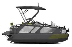 Slide: The Image of 2025 Sea-Doo Switch Fish 21 pontoon boat, side view, sleek design, black and green accents. - 5