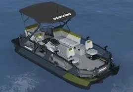Slide: The Image of 2025 Sea-Doo Switch Fish 21 pontoon boat on water, featuring spacious seating and canopy. - 6