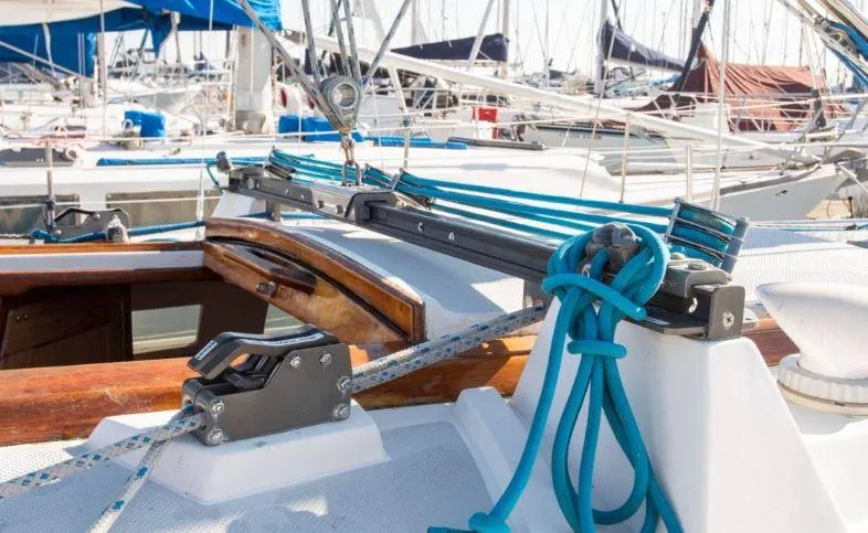 Slide: The Image of Sailboat deck of 1993 Catalina 34 MK 1.5 with rigging and ropes in marina. - 18