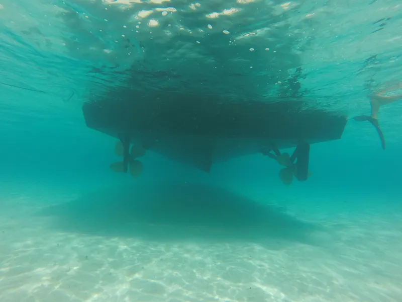 Slide: The Image of Underwater view of 2001 Darling Yachts 62 Enclosed Bridge, showing propellers and hull. - 5