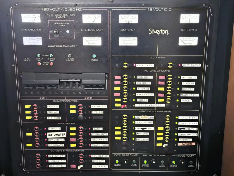 Slide: The Image of Electrical control panel of a 1995 Silverton 46 yacht, featuring various switches and gauges. - 32