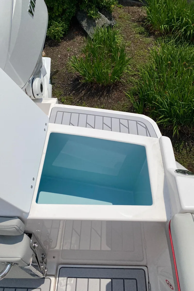 Slide: The Image of 2025 Solara S-250 CW boat with open storage compartment, surrounded by greenery. - 9