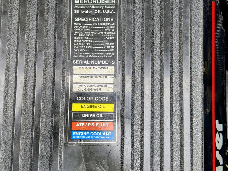 Slide: The Image of MerCruiser engine specifications label on a 1997 Bayliner 2859 Ciera Express. - 12