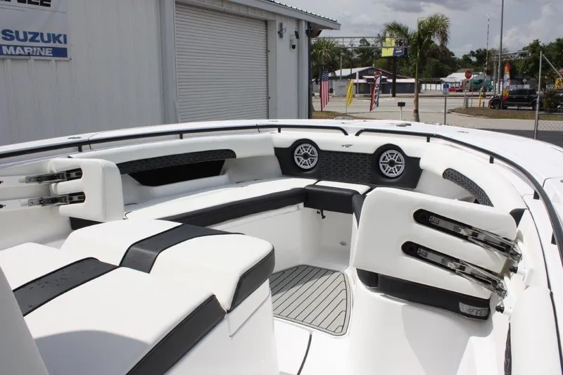 Slide: The Image of 2025 Tidewater 320 CC Adventure boat interior with sleek seating and modern design. - 40