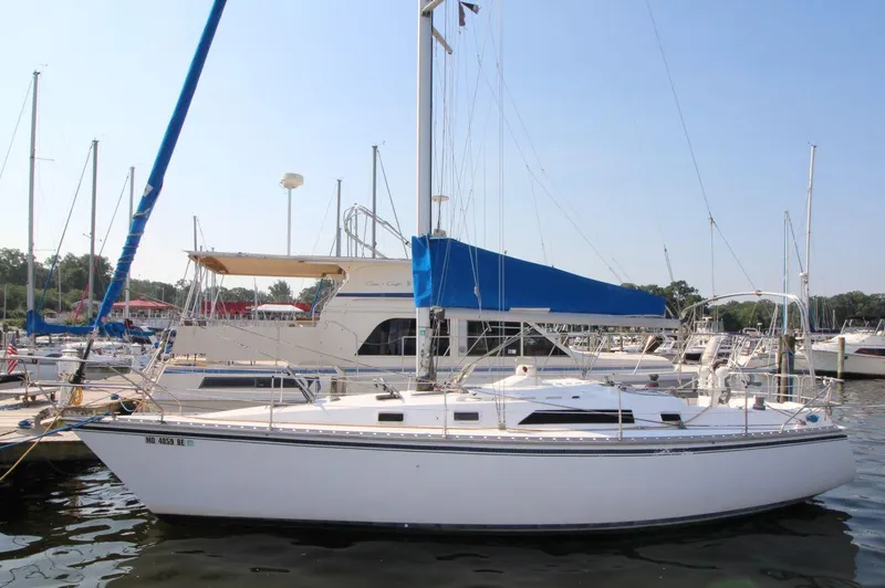 Slide: The Image of 1987 Hunter 34 sailboat docked at marina with blue sail cover. - 1