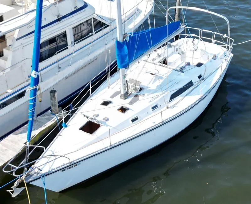 Slide: The Image of 1987 Hunter 34 sailboat docked, featuring a sleek white design and blue sail cover. - 10