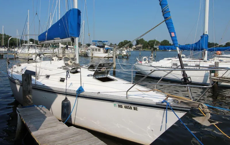 Slide: The Image of 1987 Hunter 34 sailboat docked at marina with blue sail cover. - 2