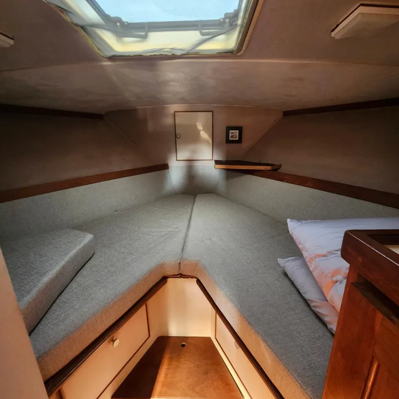 Slide: The Image of Cozy cabin interior of 1989 Trojan F36 boat with skylight and cushioned bed. - 3