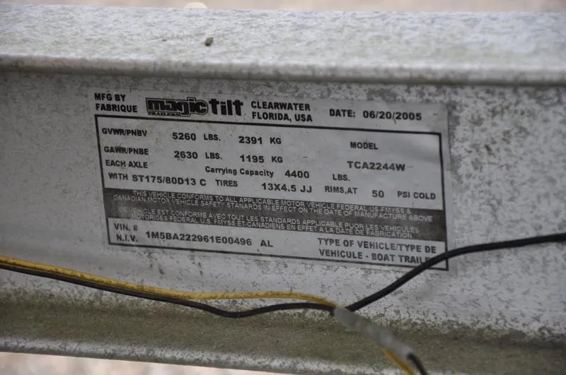 Slide: The Image of Label on Magic Tilt trailer, Clearwater, Florida, 2005, showing weight specifications and model TCA2244W. - 37