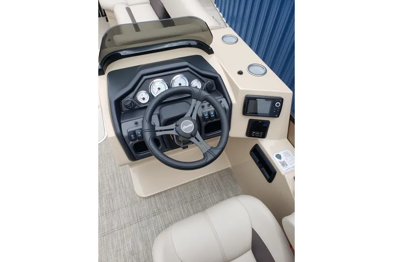 Slide: The Image of Steering console of 2026 Bentley Pontoons Legacy 243 Cruise with gauges and controls. - 12