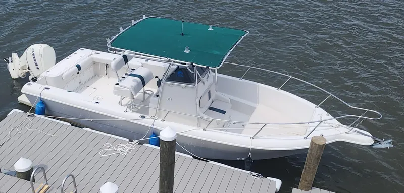 Slide: The Image of 1995 Pro-Line 240 Center Console boat docked, featuring green canopy and Evinrude outboard motor. - 20