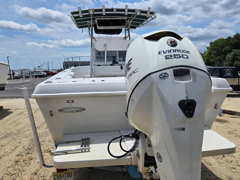 Slide: The Image of 1995 Pro-Line 240 Center Console boat with Evinrude 250 engine, docked on sandy shore. - 5