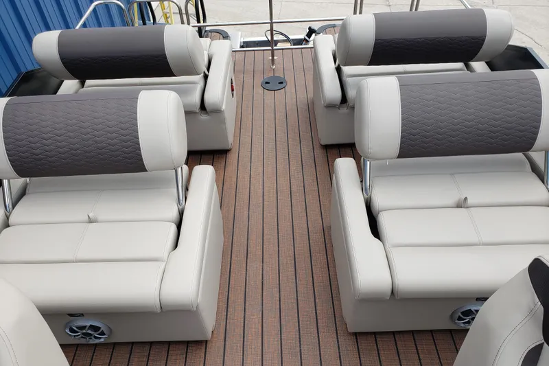 Slide: The Image of 2026 Bentley Pontoons Elite 253 QSB interior with luxurious seating and modern design. - 8