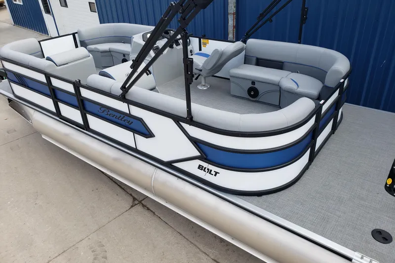 Slide: The Image of 2026 Bentley Pontoons 223 Bolt, luxury pontoon boat with sleek design and spacious seating. - 7