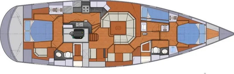 Slide: The Image of Floor plan of a 2014 Southerly 535 yacht, featuring cabins, kitchen, and bathrooms. - 4