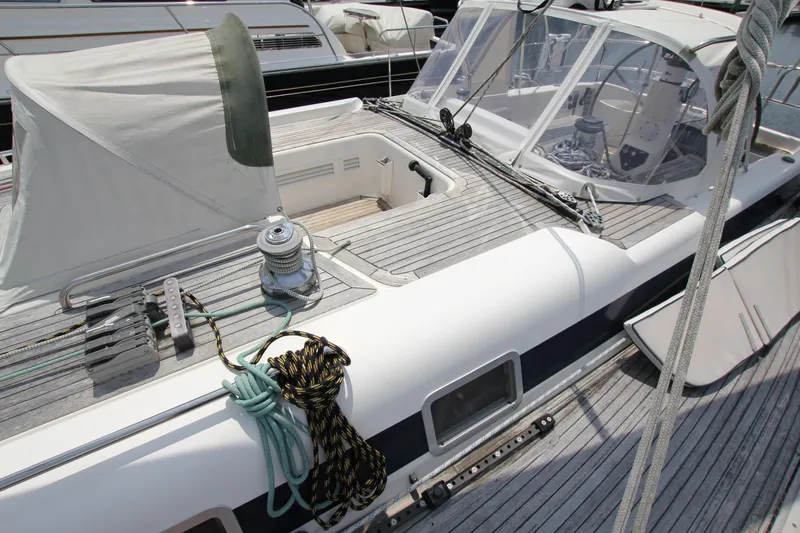 Slide: The Image of Sailing yacht Nautor Swan 48, 1997 model, docked with visible deck and rigging. - 11