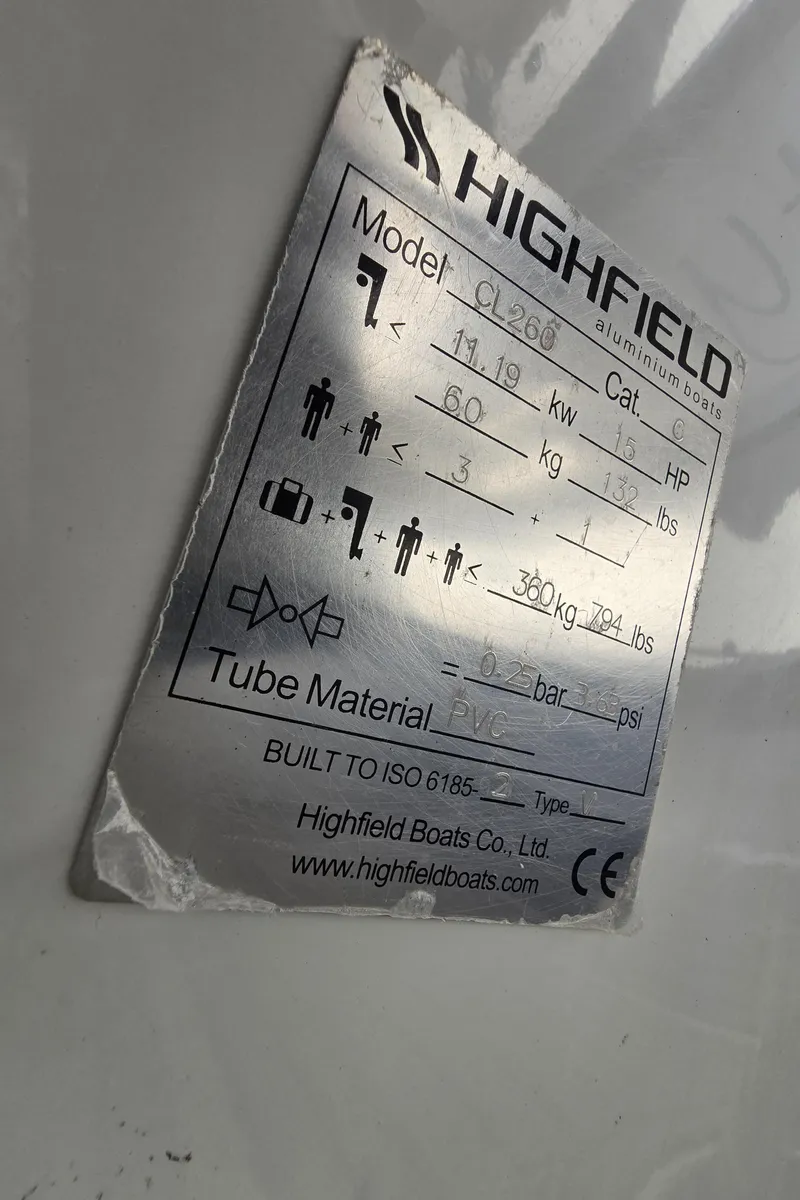 Slide: The Image of Label on Highfield aluminum boat, model CL260, detailing specifications and capacity. - 25