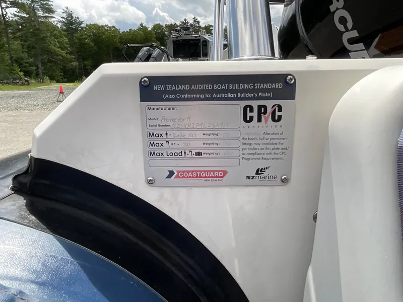 Slide: The Image of 2019 Protector 310 Chase boat compliance plate, CPC certified, New Zealand standards. - 36