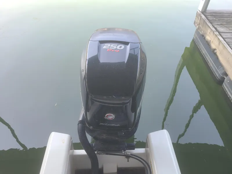 Slide: The Image of Outboard motor on a 2018 Regency 254 LE3 boat, docked on calm water. - 6