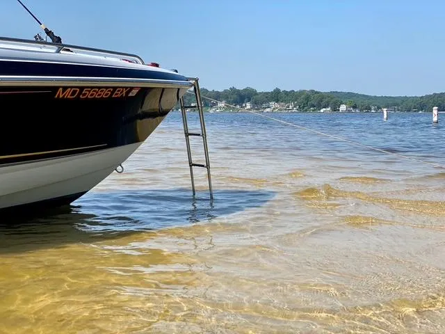 Slide: The Image of 2006 Formula 240 Bowrider boat anchored in shallow water with a ladder. - 17