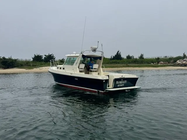 Slide: The Image of 2001 Albin 28 boat cruising near a shoreline on a cloudy day. - 2