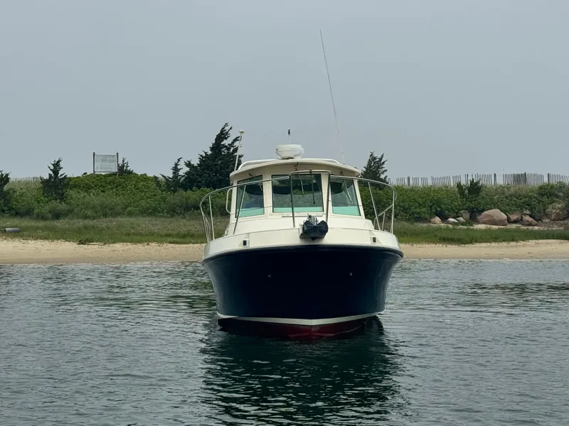 Slide: The Image of 2001 Albin 28 boat anchored near a sandy shore with greenery in the background. - 5