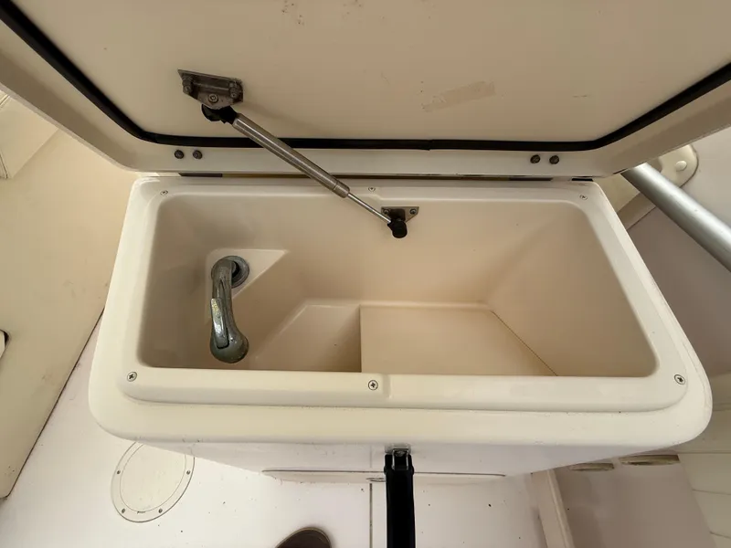 Slide: The Image of 2007 Grady-White Tournament 275 boat storage compartment with open lid and hydraulic support. - 15