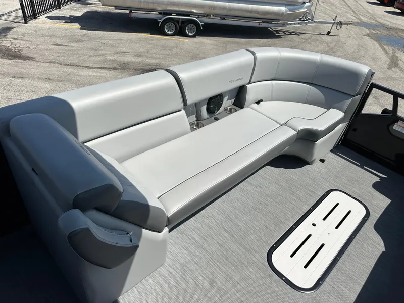 Slide: The Image of 2025 Veranda VX 25 RC boat interior with sleek gray seating and modern design. - 12