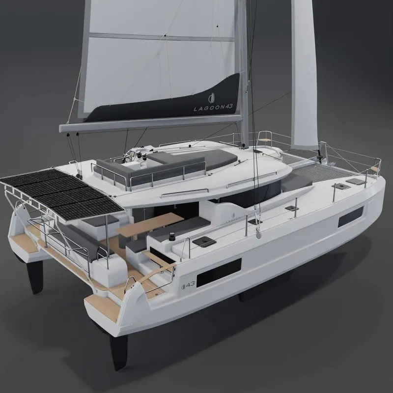 Slide: The Image of 2026 Lagoon 43 catamaran with sleek design and modern features, viewed from the rear. - 12