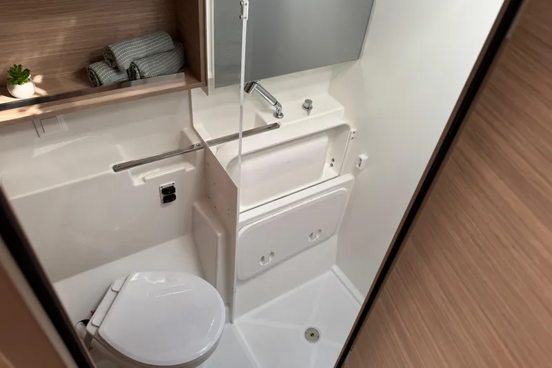 Slide: The Image of Modern bathroom in 2026 Lagoon 43 yacht with compact design and sleek fixtures. - 35