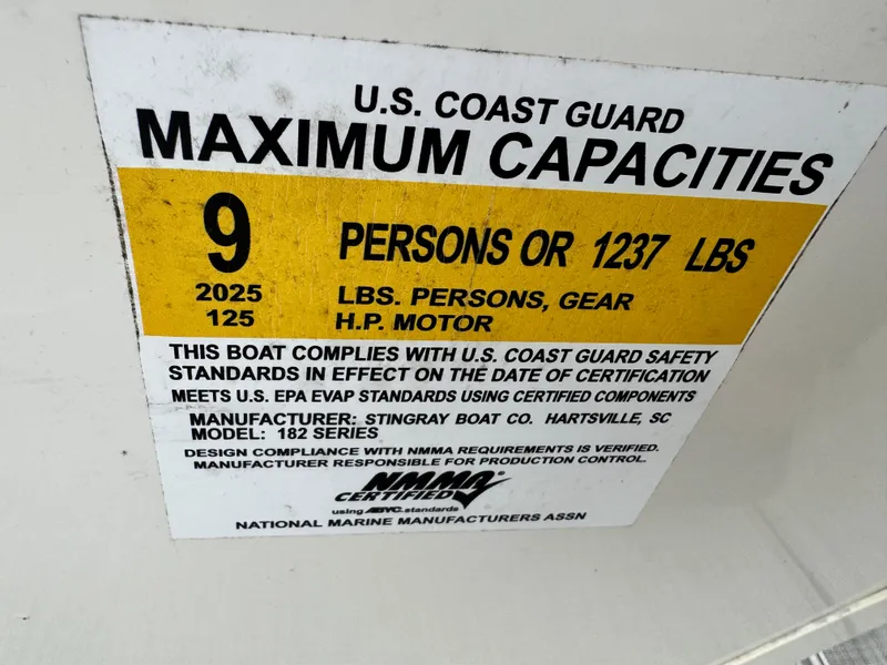 Slide: The Image of 2019 Stingray 182 SC capacity label: 9 persons or 1237 lbs, U.S. Coast Guard compliant. - 5