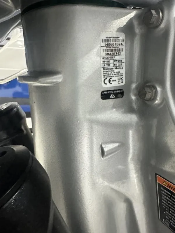 Slide: The Image of Close-up of a 2024 Nor-Tech 390 Sport Center Console engine label. - 6