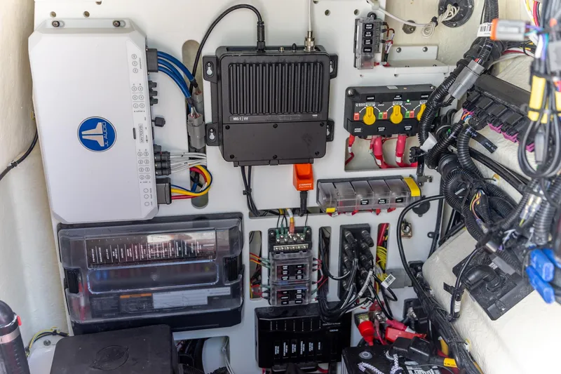 Slide: The Image of Electrical system of a 2025 Crevalle 24 HCO boat, featuring wiring and components. - 26