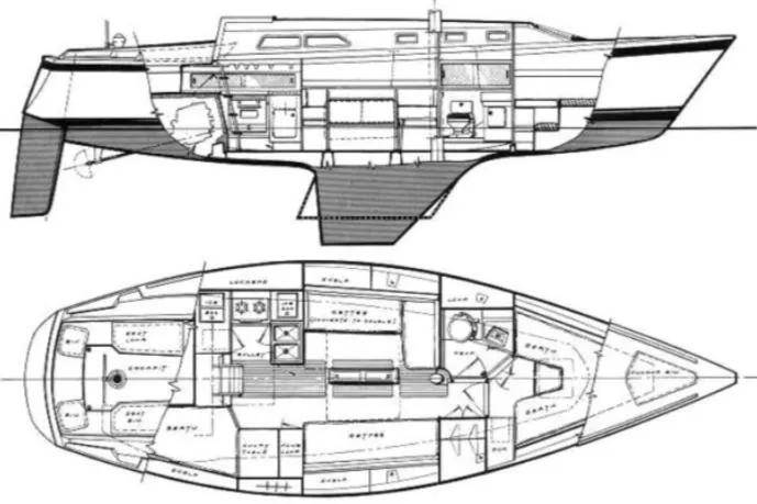 Slide: The Image of Blueprint of 1985 O'Day 35 sailboat, showing interior layout and side profile. - 24