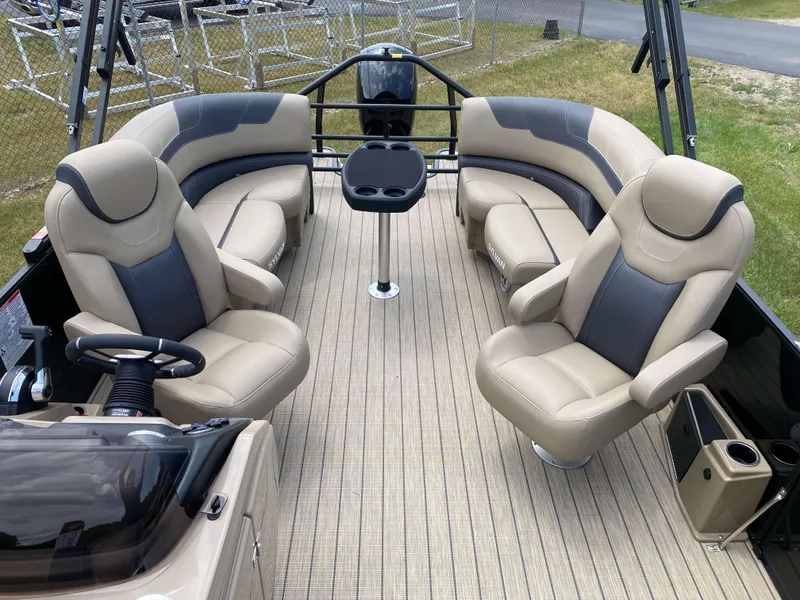 Slide: The Image of Luxurious interior of 2025 Sylvan L1 LZ Tritoon with plush seating and modern design. - 9