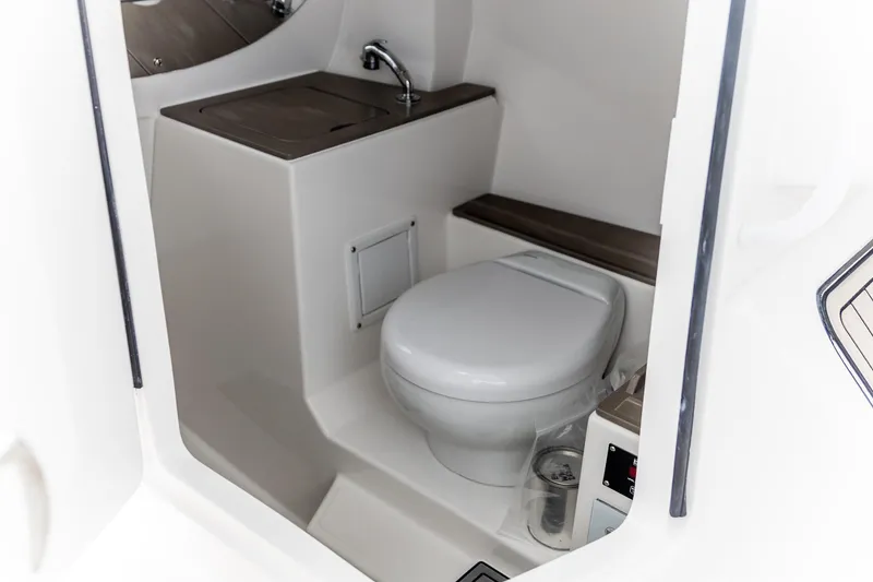 Slide: The Image of 2026 Edgewater 262 CX boat interior with compact bathroom and modern fixtures. - 2