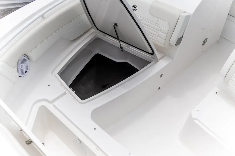 Slide: The Image of 2026 Edgewater 262 CX boat interior with open storage compartment and speaker. - 26
