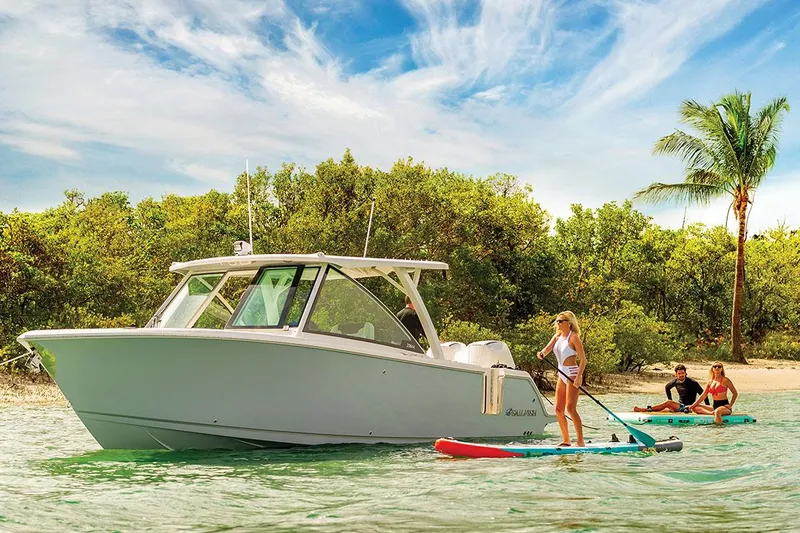 Slide: The Image of 2025 Sailfish 316 DC boat interior with seating and console, parked outdoors. - 9