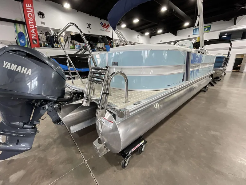 Slide: The Image of 2025 South Bay S224 Chill pontoon boat with Yamaha motor in showroom. - 10