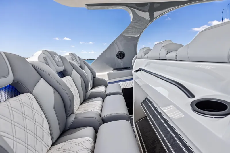 Slide: The Image of Luxurious seating on 2026 Mystic Powerboats M4200, featuring sleek design and premium materials. - 35