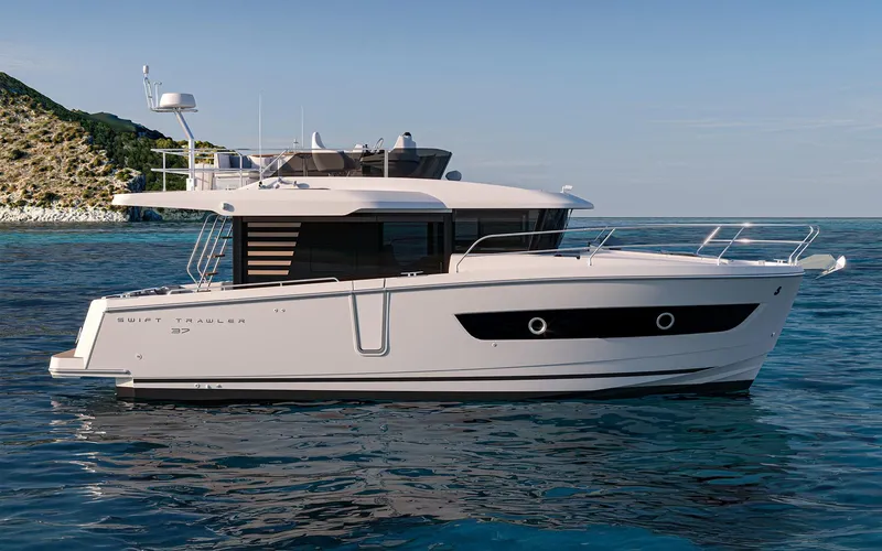 The Image of 2026 Beneteau Swift Trawler 37 FLY on calm blue waters, side view. - 0