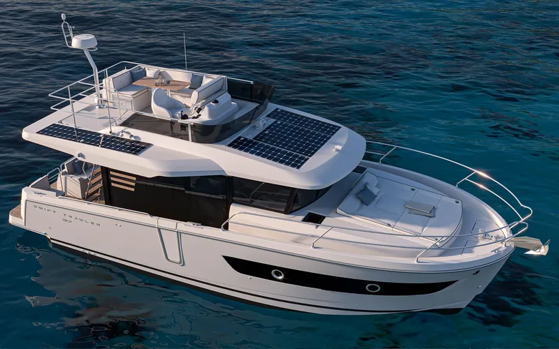 Slide: The Image of 2026 Beneteau Swift Trawler 37 FLY on serene blue water, featuring solar panels and spacious deck. - 2