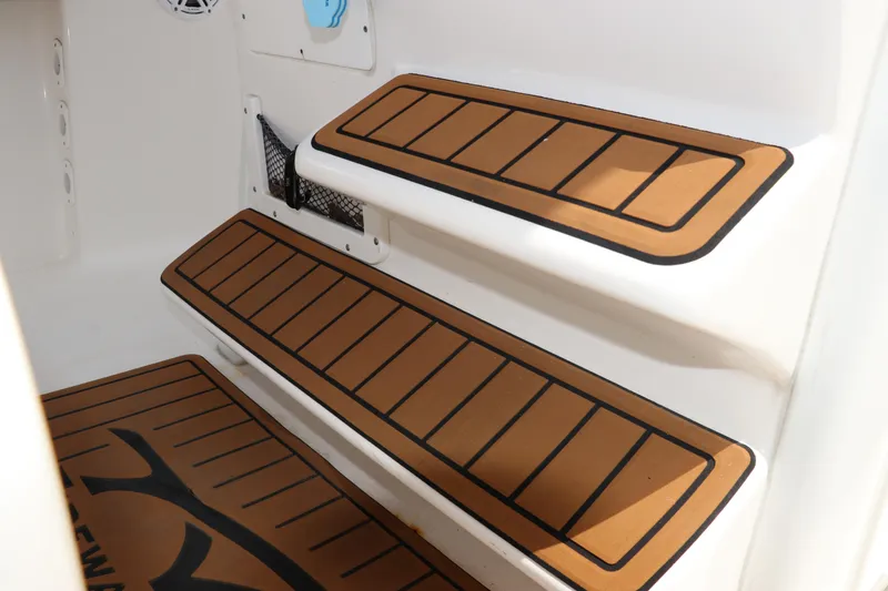 Slide: The Image of 2022 Tidewater 232 SS boat steps with brown non-slip pads. - 25