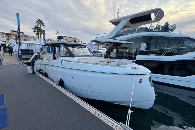 The Image of 2026 Beneteau Gran Turismo 35 yacht docked at marina, showcasing sleek design. - 0