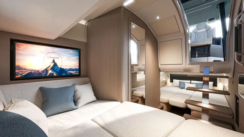 Slide: The Image of Luxurious interior of 2026 Beneteau Gran Turismo 35 yacht with modern seating and entertainment system. - 11