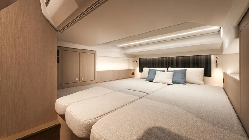 Slide: The Image of Luxurious interior cabin of 2026 Beneteau Gran Turismo 35 yacht with modern design. - 13