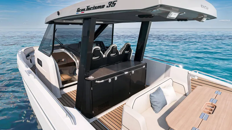 Slide: The Image of 2026 Beneteau Gran Turismo 35 yacht with sleek design, spacious deck, and luxurious seating. - 9