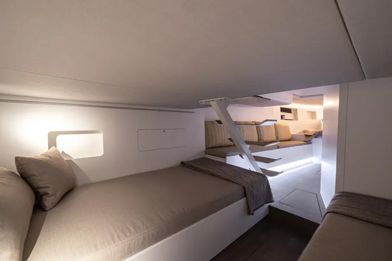 Slide: The Image of Modern interior of Introductory ZYARA 44 yacht, 2025 model, featuring sleek, minimalist design. - 8