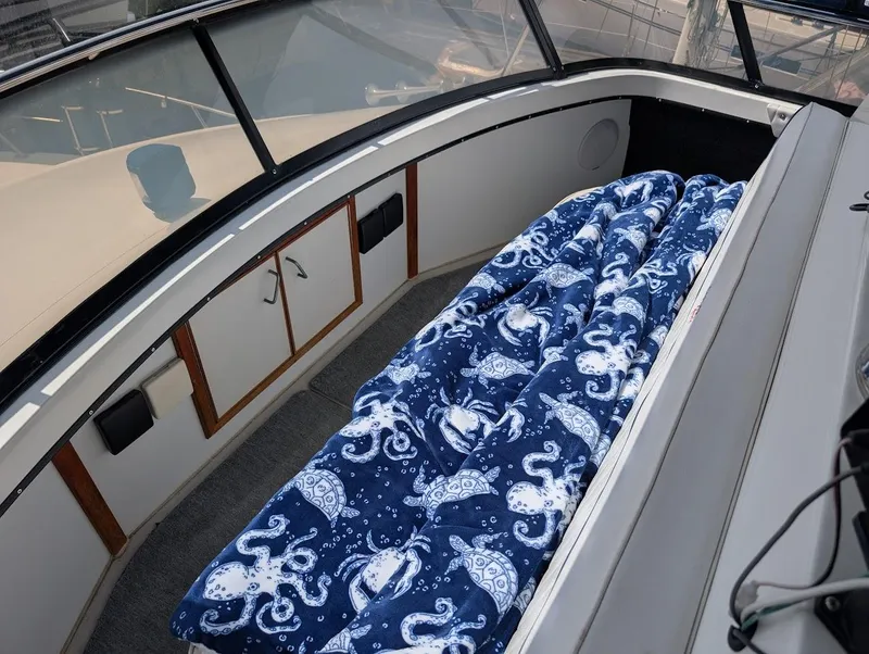 Slide: The Image of 1991 Carver 430 Cockpit Motor Yacht interior with octopus-patterned blanket. - 37