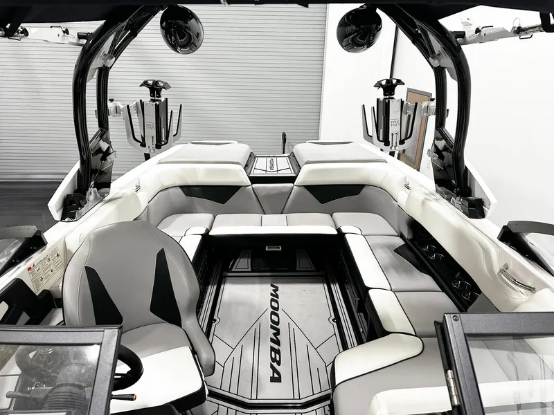 Slide: The Image of 2021 Moomba Kaiyen boat interior with sleek seating and modern design. - 6